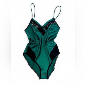 Emerald Satin Lace Trim Bodysuit
